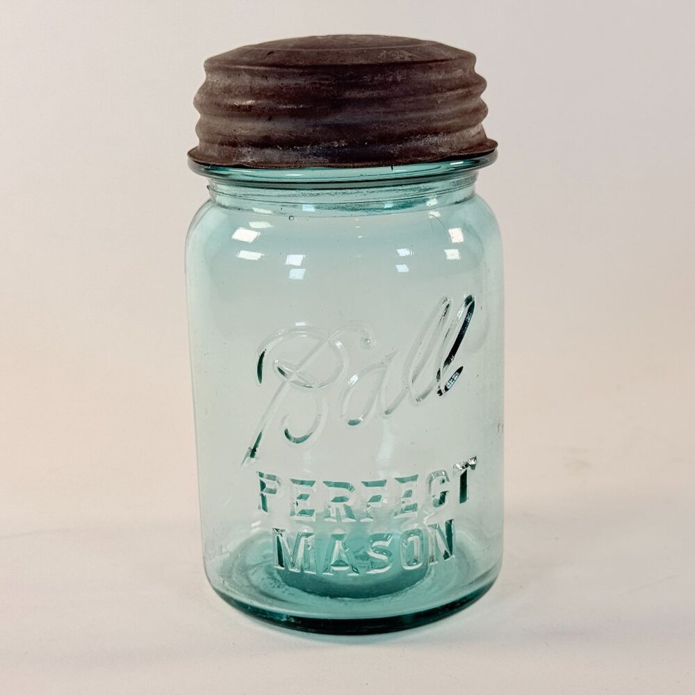 Vintage Ball Perfect Mason Jar #5 Aqua Blue Glass Embossed Rustic With Lid